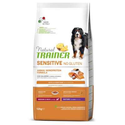 12kg Natural Trainer Sensitive No Gluten Medium/Maxi Mature lazac száraz kutyatáp - Kisállat kiegészítők webáruház - állateledelek