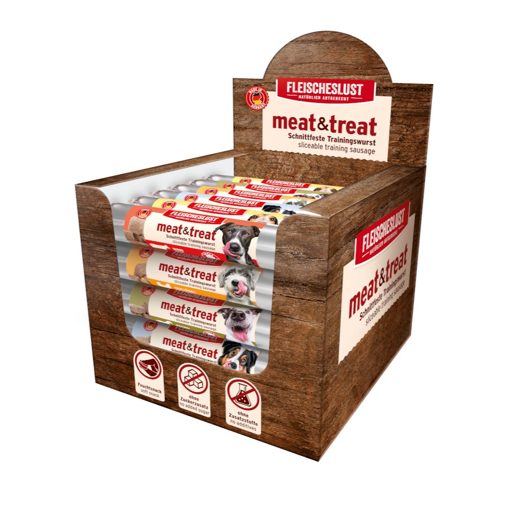 33x80g Fleischeslust meat & treat  tréning kutyaszalámi kutyasnack - Vegyes csomag I (5 fajta) - Kisállat kiegészítők webáruház - állateledelek