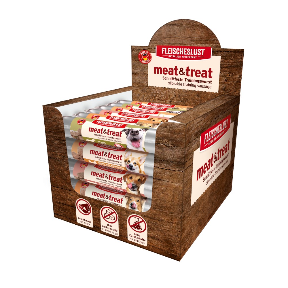 33x80g Fleischeslust meat & treat  tréning kutyaszalámi kutyasnack - Vegyes csomag II (4 fajta) - Kisállat kiegészítők webáruház - állateledelek