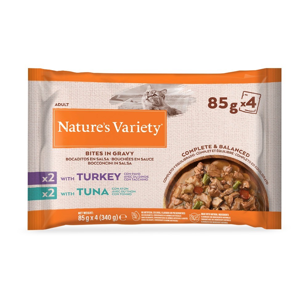 44x85g Nature's Variety Bites szószban  nedves macskatáp mix II: pulyka + tonhal - Kisállat kiegészítők webáruház - állateledelek