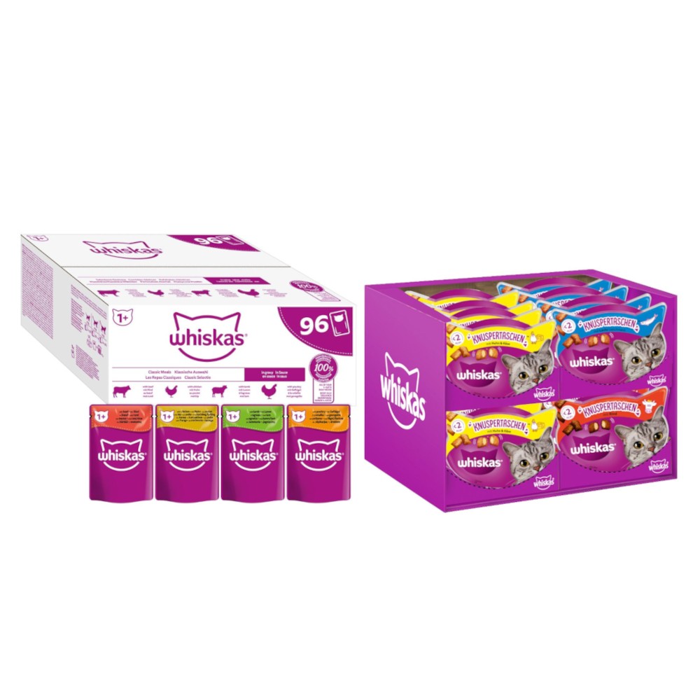 96x85g Whiskas Adult 1+ klasszikus válogatás szószban száraz macskatáp+16x60g vegyes csomag snack akciósan - Kisállat kiegészítők webáruház - állateledelek