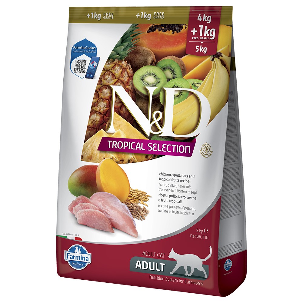 Gazdaságos csomag: 2x5kg (4+1kg) N&D Cat Tropical Selection csirkés száraztáp macskáknak - Kisállat kiegészítők webáruház - állateledelek