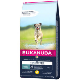 12kg Eukanuba Grain Free Adult Small / Medium Breed csirke száraz kutyatáp 10% kedvezménnyel - Kisállat kiegészítők webáruház - állateledelek