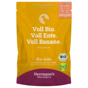 40x100g Herrmann's Selection gazdaságos csomag nedves macskatáp - Bio kacsa bioburgonyával & bio banáncsipsszel - Kisállat kiegészítők webáruház - állateledelek