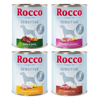 24x800g Rocco Sensitive vegyes csomag 4 fajtával nedves kutyatáp - Kisállat kiegészítők webáruház - állateledelek