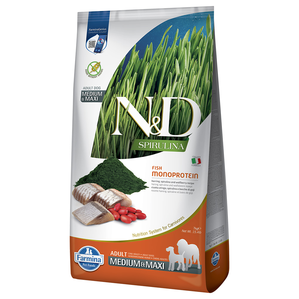 2x7kg N&D Dog Spirulina Adult Medium/Maxi hering száraz kutyatáp - Kisállat kiegészítők webáruház - állateledelek