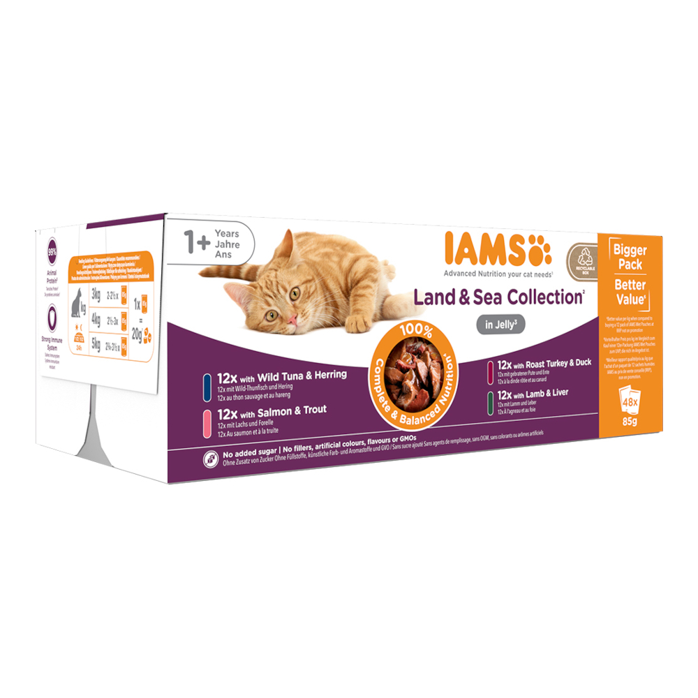 96x85g IAMS Delights Adult szárazföld & tenger mix aszpikban nedves macskatáp - Kisállat kiegészítők webáruház - állateledelek