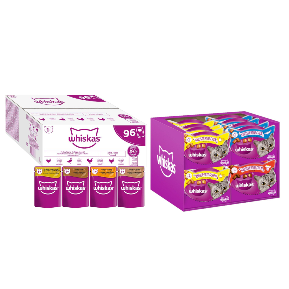 96x85g Whiskas Adult 1+ szárnyasválogatás aszpikban száraz macskatáp+16x60g vegyes csomag snack akciósan - Kisállat kiegészítők webáruház - állateledelek