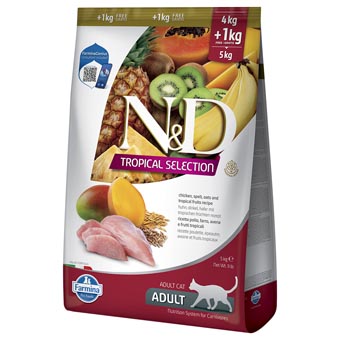 5kg (4+1kg) N&D Cat Tropical Selection csirkés száraztáp macskáknak - Kisállat kiegészítők webáruház - állateledelek