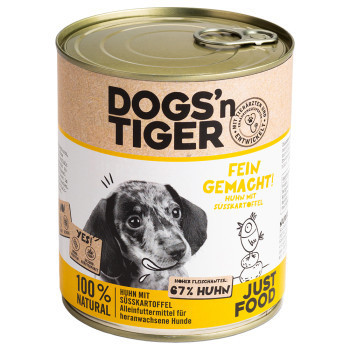 12x800g Dogs'n Tiger Junior csirke & édesburgonya nedves kutyatáp - Kisállat kiegészítők webáruház - állateledelek