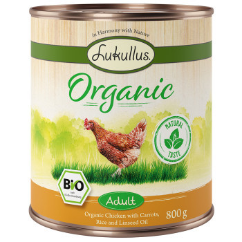 12x800g Lukullus Organic Adult csirke & sárgarépa (gluténmentes) nedves kutyatáp - Kisállat kiegészítők webáruház - állateledelek