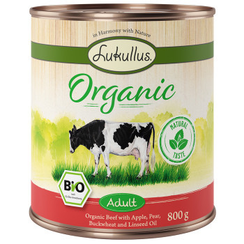 12x800g Lukullus Organic Adult marha & alma (gluténmentes) nedves kutyatáp - Kisállat kiegészítők webáruház - állateledelek