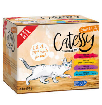 144x100g Catessy XXL vegyes csomag aszpikban nedves macskatáp 4 változattal - Kisállat kiegészítők webáruház - állateledelek