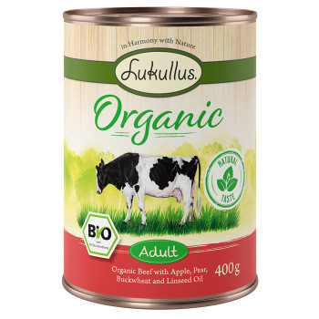 24x400g Lukullus Organic Adult marha & alma (gluténmentes) nedves kutyatáp - Kisállat kiegészítők webáruház - állateledelek