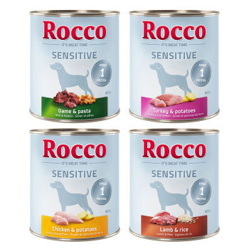 24x800g Rocco Sensitive vegyes csomag 4 fajtával nedves kutyatáp - Kisállat kiegészítők webáruház - állateledelek
