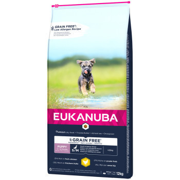 12kg Eukanuba Grain Free Puppy Small / Medium Breed csirke száraz kutyatáp - Kisállat kiegészítők webáruház - állateledelek