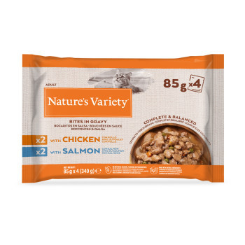 44x85g Nature's Variety Bites szószban  nedves macskatáp mix I: csirke + lazac - Kisállat kiegészítők webáruház - állateledelek