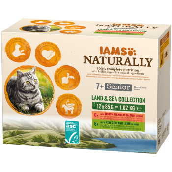 48x85g IAMS Naturally Senior szárazföld & tenger mix szószban nedves macskatáp 36+12 ingyen - Kisállat kiegészítők webáruház - állateledelek