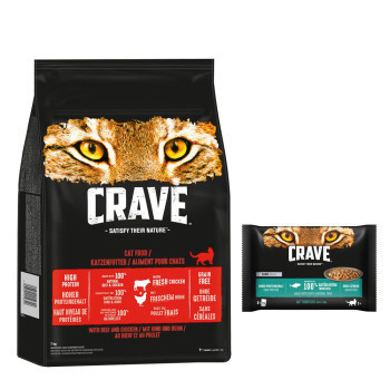 7kg Crave Adult marha & csirke száraz macskatáp+4x85g szósz tonhallal nedvestáp 15% árengedménnyel - Kisállat kiegészítők webáruház - állateledelek