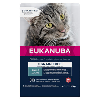 10kg Eukanuba Adult Grain Free Grain Free lazac száraz macskatáp - Kisállat kiegészítők webáruház - állateledelek