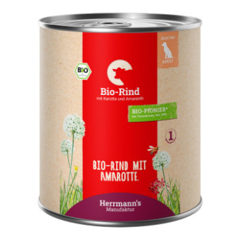 6x800g Herrmann´s Bio Menü Sensitive nedves kutyatáp - Bio marha bio sárgarépával & bio amaránttal - Kisállat kiegészítők webáruház - állateledelek