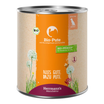 6x800g Herrmann´s Bio Menü Sensitive nedves kutyatáp - Bio pulyka bio gyökérzöldséggel & bio burgonyával - Kisállat kiegészítők webáruház - állateledelek