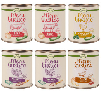 12x800g Lukullus "Menu Gustico" nedves konzerv kutyatáp- Vegyes csomag 4 fajtával - Kisállat kiegészítők webáruház - állateledelek