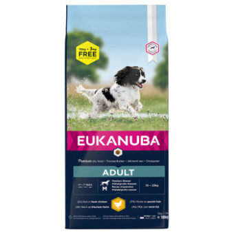 18kg  Eukanuba Adult Medium Breed csirke száraz kutyatáp bónuszcsomagban 15 + 3 kg ingyen - Kisállat kiegészítők webáruház - állateledelek