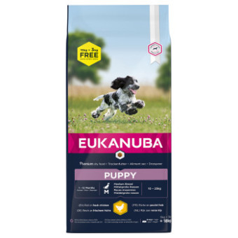 18kg  Eukanuba Puppy Medium Breed csirke száraz kutyatáp bónuszcsomagban 15 + 3 kg ingyen - Kisállat kiegészítők webáruház - állateledelek