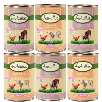 24x400g Lukullus Junior nedves kutyatáp-vegyes próbacsomag 3 változattal - Kisállat kiegészítők webáruház - állateledelek