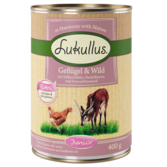 24x400g Lukullus Junior nedves kutyatáp-szárnyas & vad (gabonamentes) - Kisállat kiegészítők webáruház - állateledelek