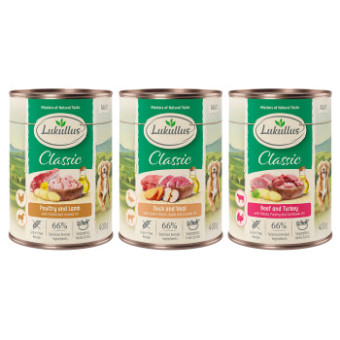 24x400g Lukullus Naturkost nedves kutyatáp Adult mix 1 gabonamentes (3 változattal) - Kisállat kiegészítők webáruház - állateledelek