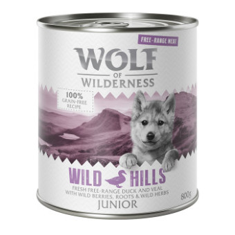 24x800g Wolf of Wilderness Free-Range Meat Junior Wild Hills szabad tartású kacsa & borjú nedves kutyatáp - Kisállat kiegészítők webáruház - állateledelek