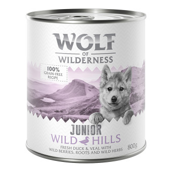 24x800g Wolf of Wilderness Junior - Duo-Protein recept gazdaságos csomag nedves kutyatáp - Wild Hills Junior - kacsa & borjú - Kisállat kiegészítők webáruház - állateledelek