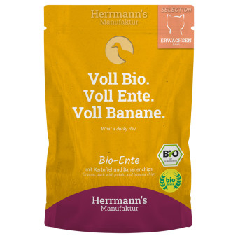 40x100g Herrmann's Selection Bio kacsa bioburgonyával & bio banáncsipsszel nedves macskatáp - Kisállat kiegészítők webáruház - állateledelek