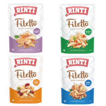 48x100g RINTI Filetto Pouch in Jelly nedves kutyatáp - Vegyes csomag (4 fajta) - Kisállat kiegészítők webáruház - állateledelek