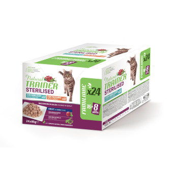 48x85g Natural Trainer Adult Sterilised macska nedvestáp Mix: pulyka & tőkehal - Kisállat kiegészítők webáruház - állateledelek