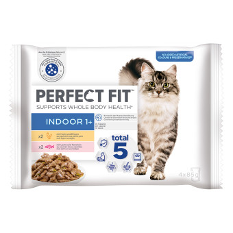 52x85g Perfect Fit Indoor 1+ nedves macskatáp vegyesen - Kisállat kiegészítők webáruház - állateledelek