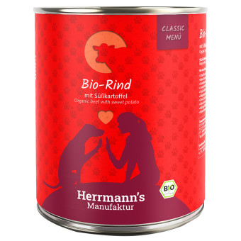 24x800g Herrmann's Classic Bio Menü Bio marha & bio édesburgonya nedves kutyatáp - Kisállat kiegészítők webáruház - állateledelek