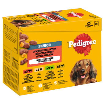 96x100g Pedigree Senior 7+ nedves kutyatáp - Vegyes csomag aszpkban (4 fajta) - Kisállat kiegészítők webáruház - állateledelek