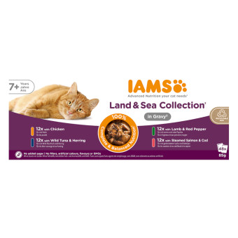 96x85g IAMS Delights Senior szárazföld & tenger mix 2 szószban nedves macskatáp - Kisállat kiegészítők webáruház - állateledelek