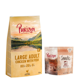12kg Purizon száraz kutyatáp + Purizon Snack ingyen! - Large Adult csirke & hal - gabonamentes - Kisállat kiegészítők webáruház - állateledelek