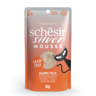 24x80g Schesir Silver Mousse lazac & csirke senior nedves macskatáp - Kisállat kiegészítők webáruház - állateledelek