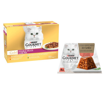 96x85g Gourmet Gold Luxus mix+4x57g Revelations Fine Cuts nedves macskatáp ingyen - Kisállat kiegészítők webáruház - állateledelek