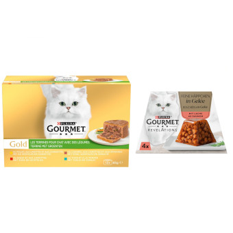 96x85g Gourmet Gold Terrine zöldséggel+4x57g Revelations Fine Cuts nedves macskatáp ingyen - Kisállat kiegészítők webáruház - állateledelek