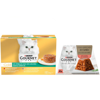 96x85g Gourmet Gold rafinált ragu+4x57g Revelations Fine Cuts nedves macskatáp ingyen - Kisállat kiegészítők webáruház - állateledelek