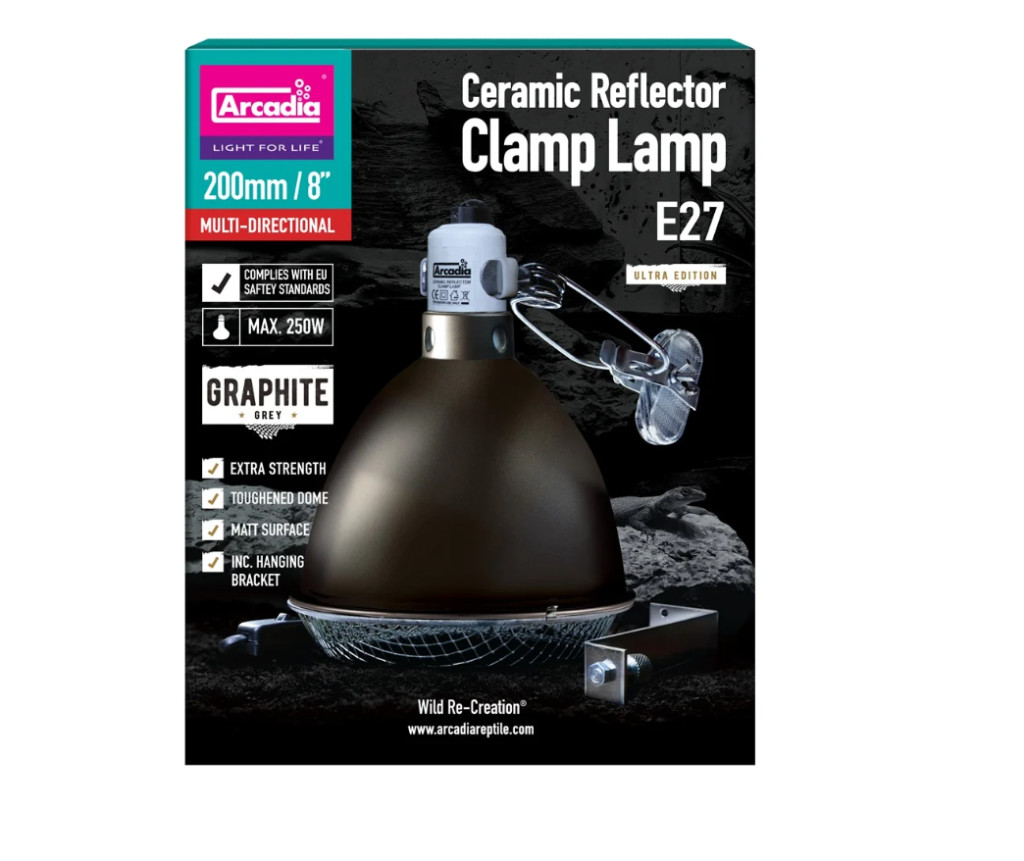 Kisállat webáruház - Arcadia | Reflector Clamp Lamp with Ceramic Holder Graphite | Hőálló világítótest kerámiafoglalattal hüllők terráriumába - 250 W/200 mm termékek