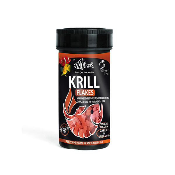 Kisállat webáruház - Haquoss | KRILL FLAKES | Teljes értékű lemezes haltáp fokhagymával - 1000 ml / 150 g termékek