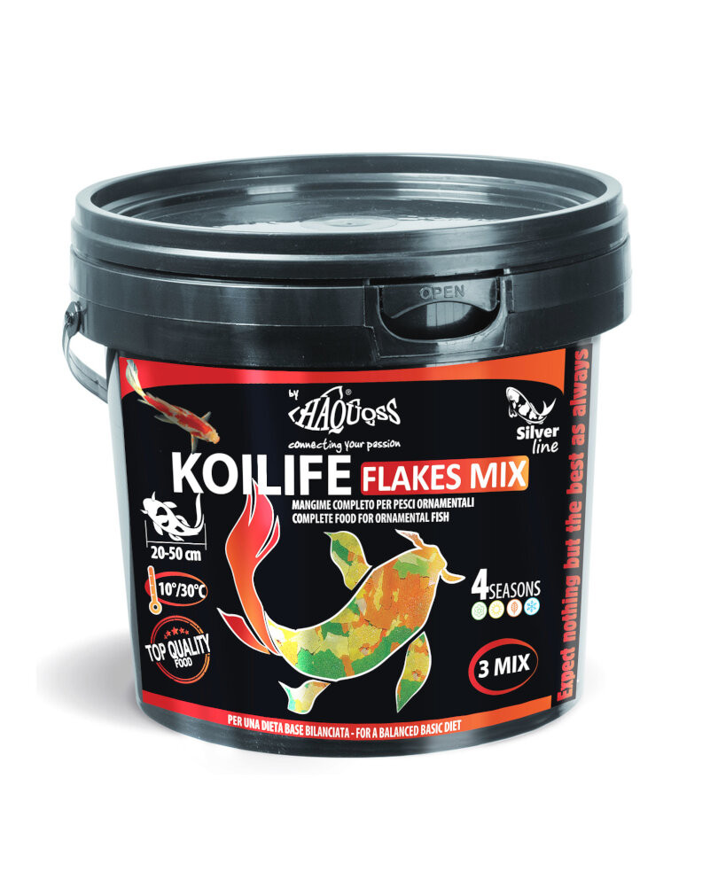 Kisállat webáruház - Haquoss | Koilife Flakes Mix | Teljes értékű lebegő pehelytáp koi pontyok és tavi díszhalak számára – 5 L termékek