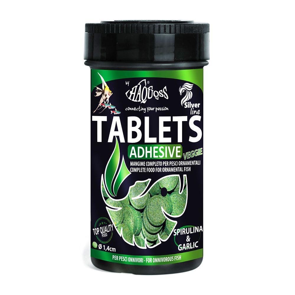 Kisállat webáruház - Haquoss | TABLETS ADHESIVE BASIC | Öntapadó tabletta, fenéken táplálkozó hal és rákféle táp - 250 ml / 135 g termékek